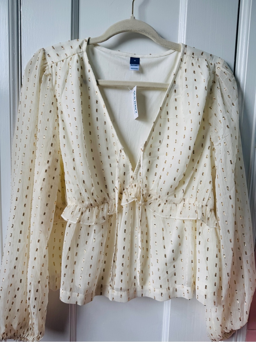 Old Navy Cream Peplum Blouse with Gold Dot Accents
